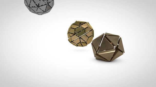 3D animation of a set of geometric shapes made of metal falling on a white surface. Platonic body, equilateral polyhedron, shapes consist of segments with flexible connection. Set for geometry.