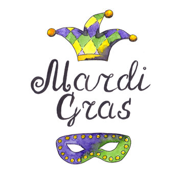 Hand drawn MARDI GRAS composition with text, mask and colorful carnival fool's cap decorated with bells, in yellow, green and violet color. 