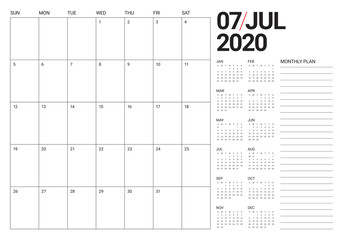 July 2020 desk calendar vector illustration