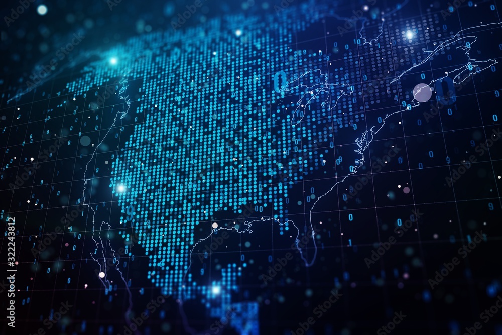 Poster digital dotted america map on blue background. 3d rendering