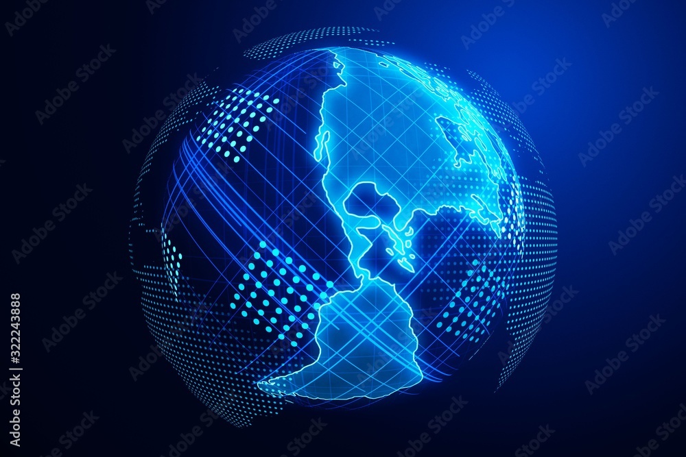Poster Digital map of North and South America on blue background. 3D Rendering