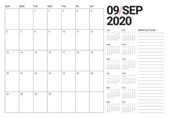 September 2020 desk calendar vector illustration