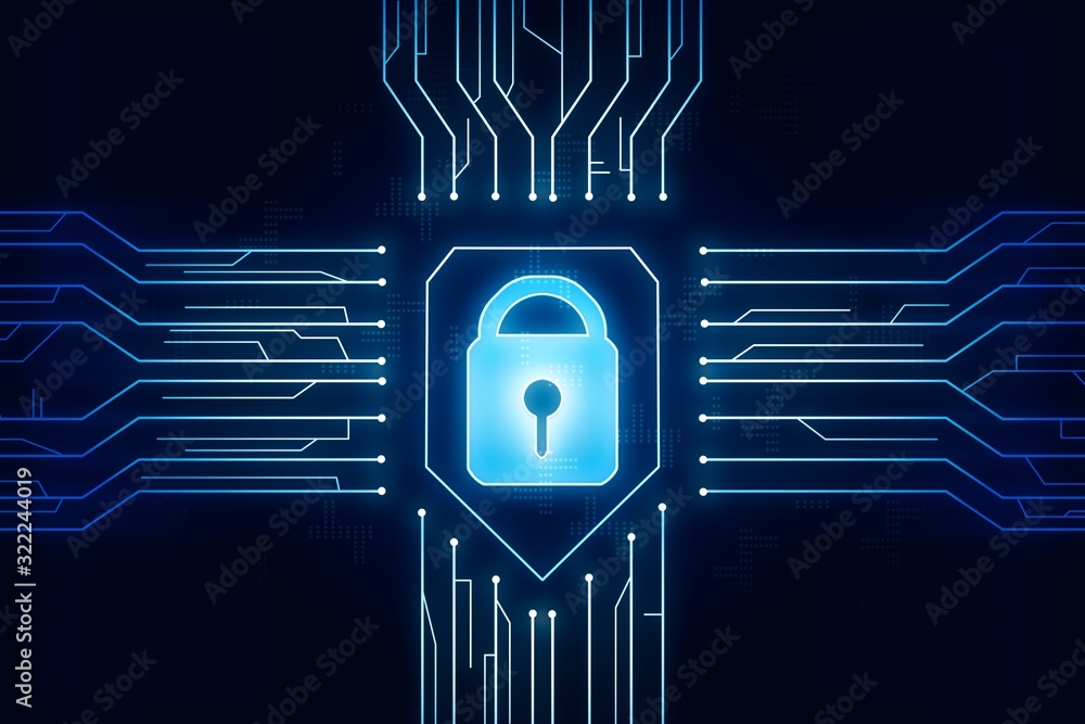 Poster digital security concept with lock and microcircuit on the blue background. 3d rendering