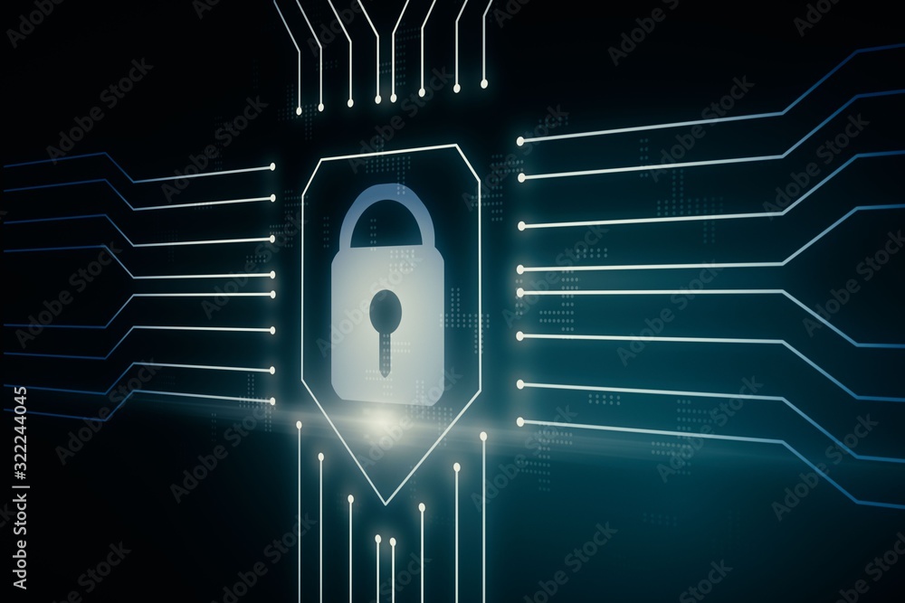 Poster digital security concept with lock and microcircuit on dark background. 3d rendering