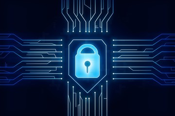 Digital security concept with lock and microcircuit on the blue background. 3D Rendering