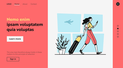 Passenger with smartphone wheeling luggage. Airport, airplane, woman flat vector illustration. Travel, flight, communication concept for banner, website design or landing web page