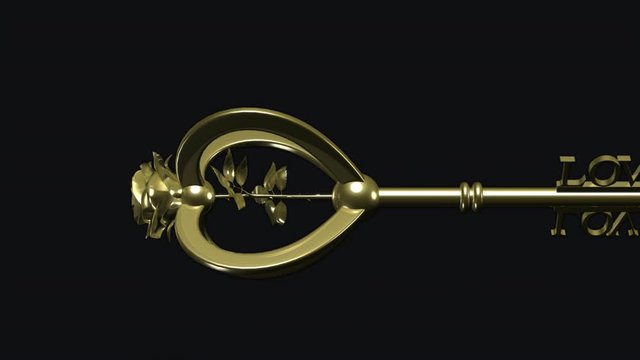 Flying Magic Skeleton Key (V) of gold metal with romantic hearts, love words and rose flower for related event, wedding, holiday, valentine, gift, surprise, magical, fantasy, fairy-tale projects. 