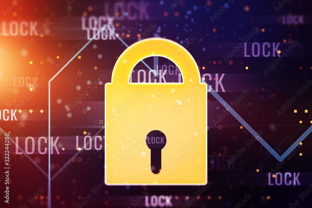 Poster glowing lock symbol on dark background, digital security concept. 3d rendering