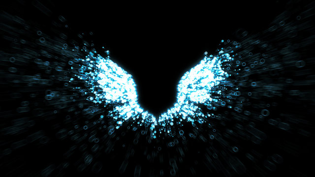 Angel wings - glowing white abstract wing shapes with particles streaming from the feathers - 3D generated illustration suitable for Christmas and Easter