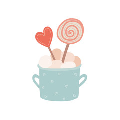 Cup of cocoa with marshmallows and lollipops. Cozy and bright picture for winter for Valentine's Day design. Great for Valentine's Day postcard, wedding invitation and more.