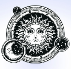 Vintage elegant hand-draw work of sun, moon, night sky and clouds. Sacred Geometry, Magic, Esoteric Philosophies, tattoo, art, t-shirts, paper, textiles, background. Vector illustration. 