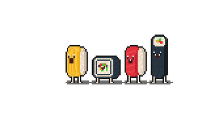 Pixel art cartoon sushi character set.