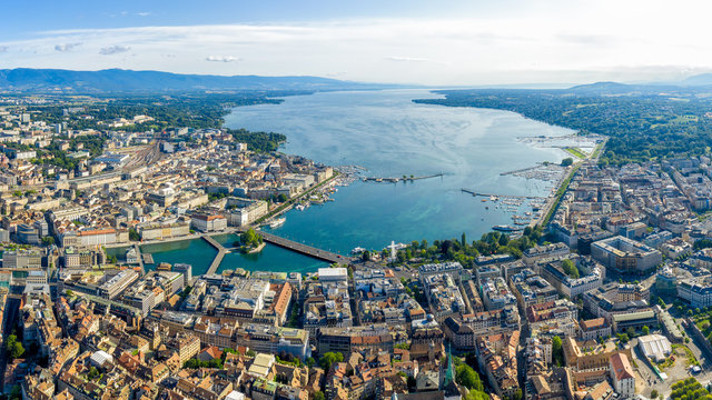 Geneva, Switzerland. Geneva panorama from the air. View of Lake Geneva.