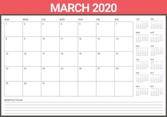 March 2020 desk calendar vector illustration
