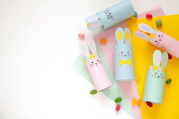 Cute funny Happy Easter bunnies made from toilet paper roll, crafts for kids, Easter decorations,...