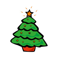 Star, decoration balls and light bulb chain decorated christmas tree with lots of gift boxes. Flat style vector illustration isolated on white background.