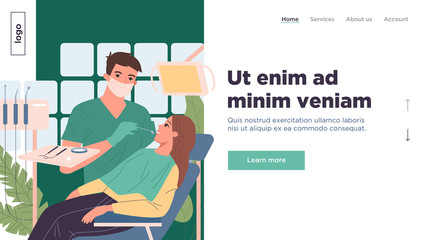 Dental practitioner examining patient. Dentist in mask, tool, woman in chair flat vector illustration. Clinic, teeth care, dentistry concept for banner, website design or landing web page