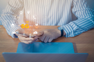 Global network connection 5G virtual interface screen on laptop device. 5G mobile technology concept - Fastest high speed internet networks.