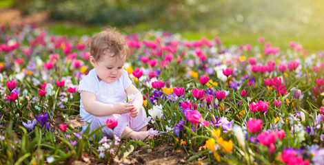 Child in spring park with flowers