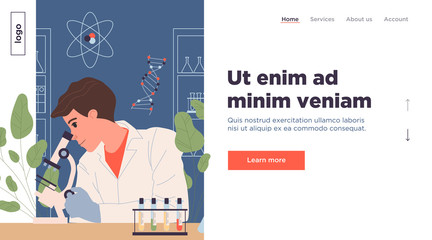 Chemist with microscope analyzing probes. Scientist in white coat, medical test flat vector illustration. Biochemistry, medicine, laboratory concept for banner, website design or landing web page