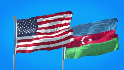 Azerbaijan and United States flag waving in deep blue sky together. High Definition 3D Render.