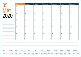 May 2020 desk calendar vector illustration