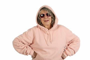 An old woman in sunglasses and a hood on her head