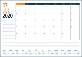 July 2020 desk calendar vector illustration