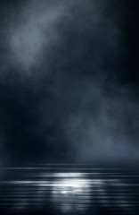 Wet asphalt, reflection of neon lights, a searchlight, smoke. Abstract light in a dark empty street with smoke, smog. Dark background scene of empty street, night view, night city.