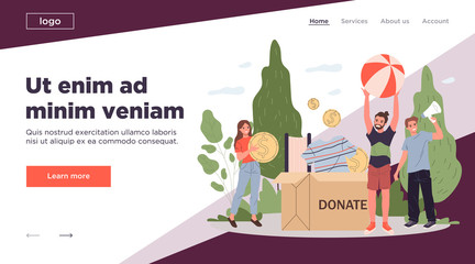 Happy volunteers packing donation box. Young people donating clothes, money, books flat vector illustration. Charity, promotion, goodwill concept for banner, website design or landing web page