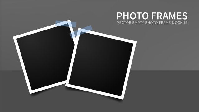Set of empty photo frames with blue adhesive tapes. Vector realistic mockup.