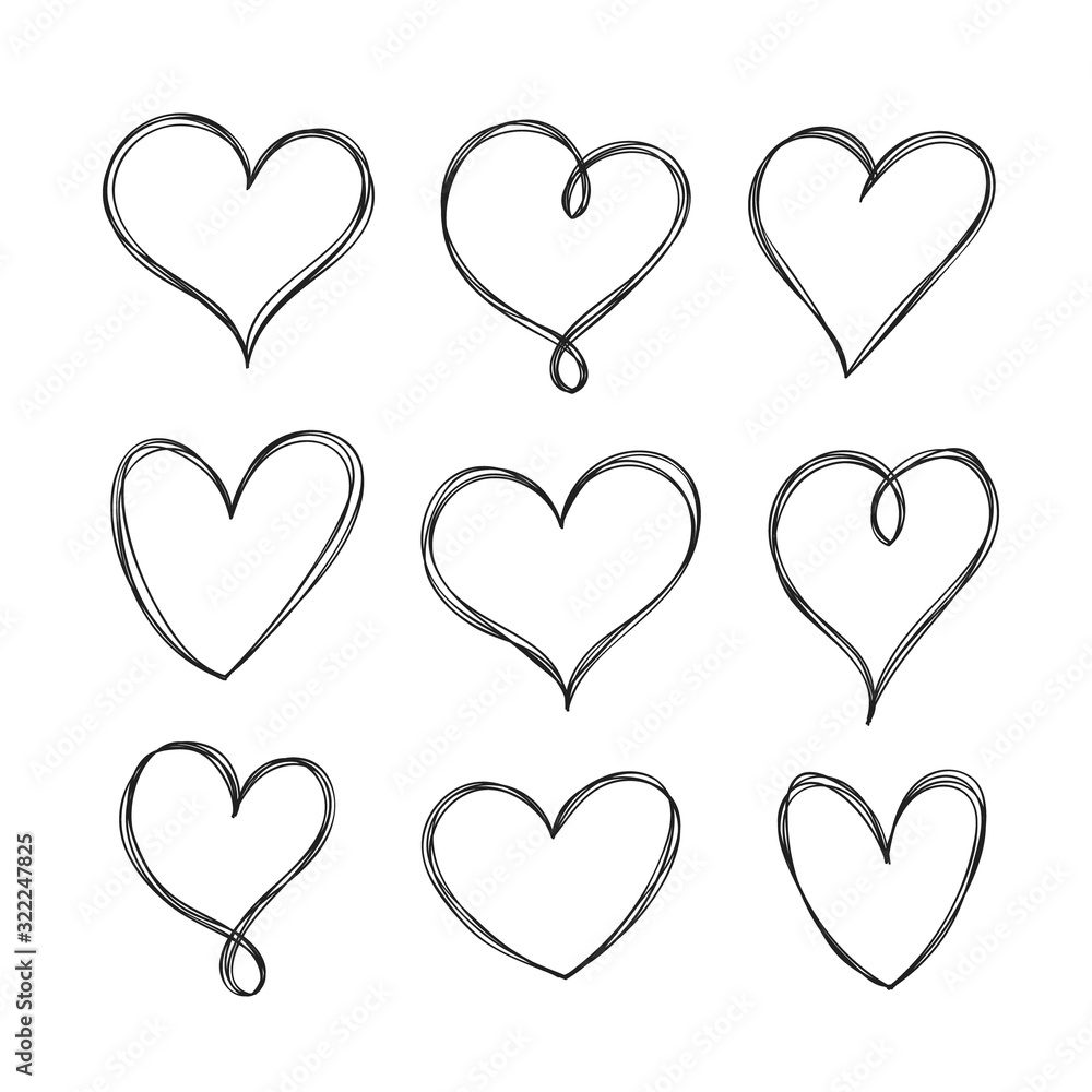Poster hand drawn hearts set isolated on white background. vector design elements. clipart objects for deco