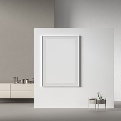 Fototapeta na wymiar Mock up poster frame in Scandinavian style interior with modern furnitures. Minimalist interior design. 3D illustration.