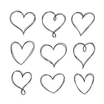 Hand drawn hearts set isolated on white background. Vector design elements. Clipart objects for decoration.