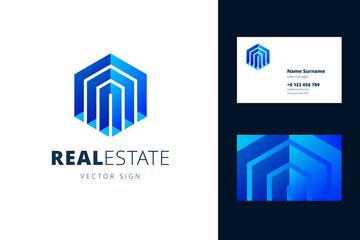 Real estate logo and business card template. Vector emblem in a modern gradient style for businesses selling homes and apartments.