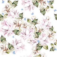 Beautiful  watercolor seamless pattern with cotton and roses flowers. 