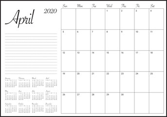 April 2020 desk calendar vector illustration