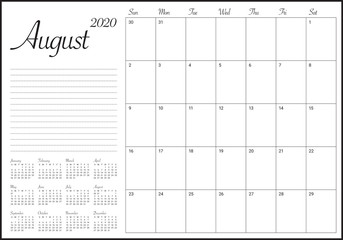 August 2020 desk calendar vector illustration