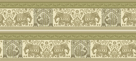 Seamless peacock and elephant border with traditional Asian design elements - obrazy, fototapety, plakaty