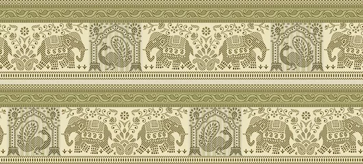 Fotobehang Seamless peacock and elephant border with traditional Asian design elements © malkani