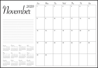 November 2020 desk calendar vector illustration