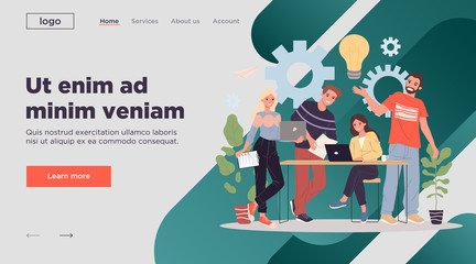 Positive creative workgroup brainstorming. Men and women with laptops collaborating on project flat vector illustration. Teamwork, cooperation concept for banner, website design or landing web page