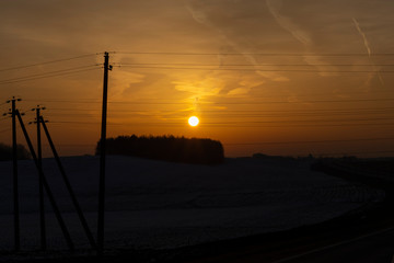 Naklejka premium sunset sun. The sky is crimson. The fox went into the darkness. Field with snow lying on it. There is a tint