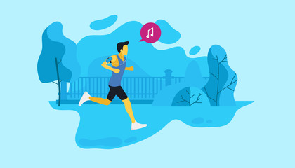 Vector image of a man running in the Park, listening to music during sports