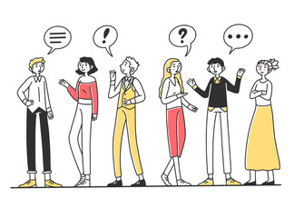 Group of people talking to each other. Men and women chatting with dialog bubbles and gestures. Vector illustration for communication, conversation, discussion concept