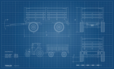 Isolated drawing of tractor trailer in outline style. Side, front and back view of agriculture machinery. Farming machinery on white background. Industrial blueprint