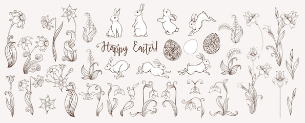 Fototapeta na wymiar Happy Easter Set of hares, patterned eggs and spring flowers: iris, lily of the valley, snowdrop daffodil. In art nouveau style, vintage retro style. Outline vector illustration