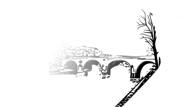 Self drawing sketch animation of Paris cityscape, river Seine embankment. Copy space. White and black. 