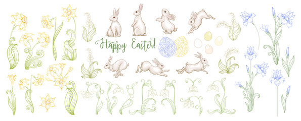 Happy Easter Set of hares, patterned eggs and spring flowers: iris, lily of the valley, snowdrop daffodil. In art nouveau style, vintage retro style. Outline vector illustration