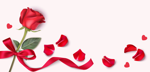 Fototapeta na wymiar Valentines day design template. Background with red rose, petals and heart confetti. Vector illustration